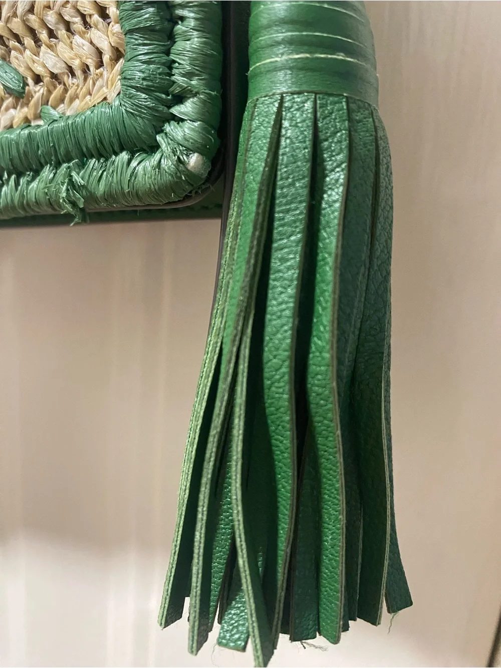 Tory Burch Straw Crossbody Bag with Green Trim and Gold Chain